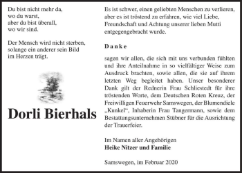 Traueranzeige von Dorli Bierhals  von Magdeburger Volksstimme