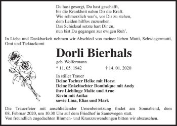 Traueranzeige von Dorli Bierhals (geb. Wolfermann)  von Magdeburger Volksstimme