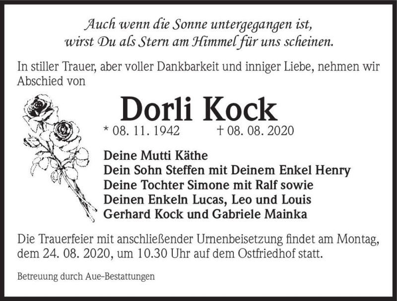  Traueranzeige für Dorli Kock  vom 15.08.2020 aus Magdeburger Volksstimme
