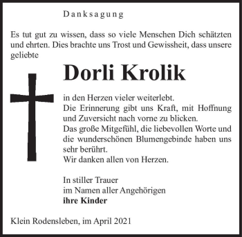 Traueranzeige von Dorli Krolik  von Magdeburger Volksstimme