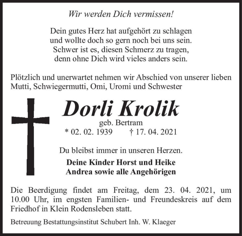  Traueranzeige für Dorli Krolik (geb. Bertram)  vom 21.04.2021 aus Magdeburger Volksstimme