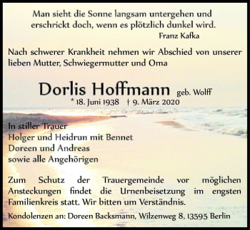 Traueranzeige von Dorlis Hoffmann (geb. Wolff)  von Magdeburger Volksstimme