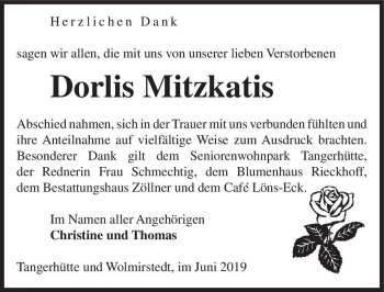 Traueranzeige von Dorlis Mitzkatis  von Magdeburger Volksstimme