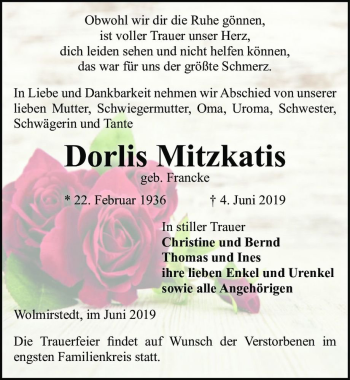 Traueranzeige von Dorlis Mitzkatis (geb. Francke)  von Magdeburger Volksstimme