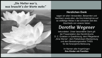 Traueranzeige von Dorothe Wegener  von Magdeburger Volksstimme