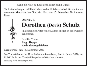 Traueranzeige von Dorothea (Doris) Schulz  von Magdeburger Volksstimme