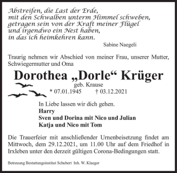 Traueranzeige von Dorothea 