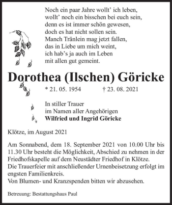 Traueranzeige von Dorothea 
