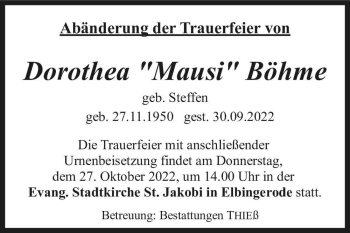 Traueranzeige von Dorothea 