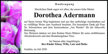 Traueranzeige von Dorothea Adermann  von Magdeburger Volksstimme