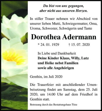Traueranzeige von Dorothea Adermann  von Magdeburger Volksstimme