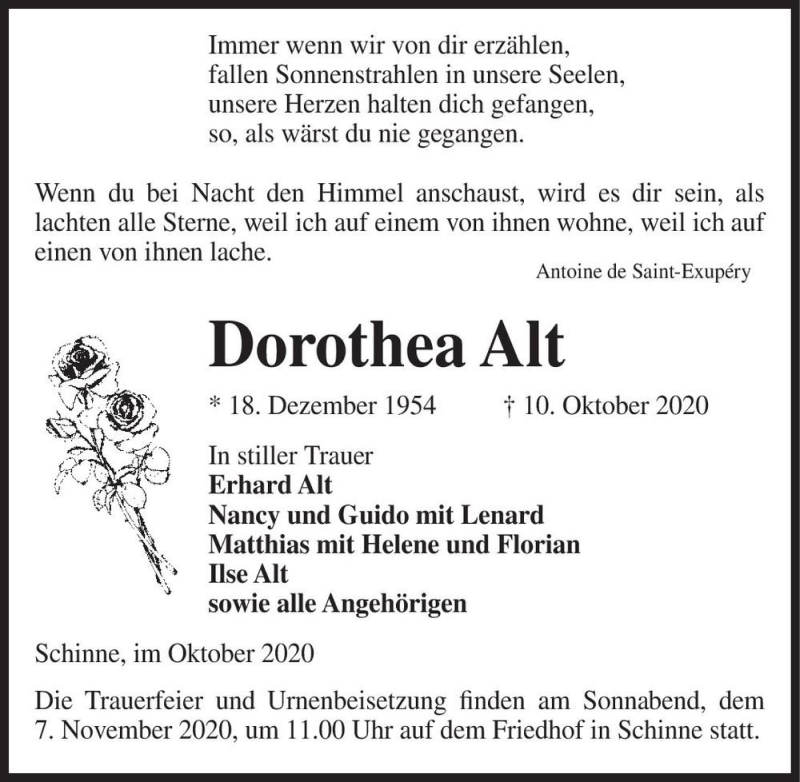  Traueranzeige für Dorothea Alt  vom 24.10.2020 aus Magdeburger Volksstimme