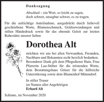 Traueranzeige von Dorothea Alt  von Magdeburger Volksstimme