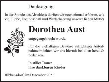 Traueranzeige von Dorothea Aust  von Magdeburger Volksstimme