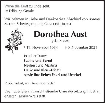 Traueranzeige von Dorothea Aust (geb. Kresse)  von Magdeburger Volksstimme