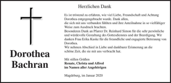 Traueranzeige von Dorothea Bachran  von Magdeburger Volksstimme