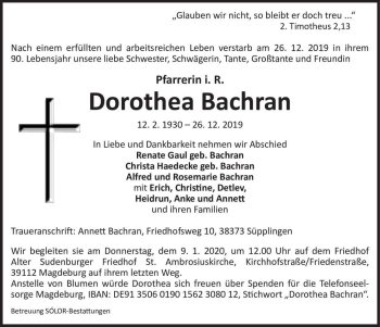 Traueranzeige von Dorothea Bachran  von Magdeburger Volksstimme