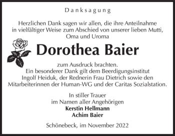 Traueranzeige von Dorothea Baier  von Magdeburger Volksstimme