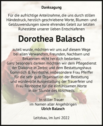 Traueranzeige von Dorothea Balasch  von Magdeburger Volksstimme