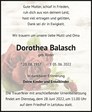 Traueranzeige von Dorothea Balasch (geb. Röder)  von Magdeburger Volksstimme