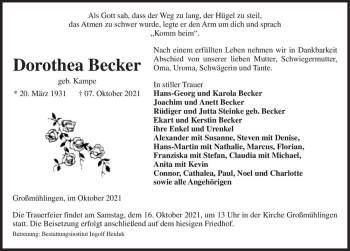 Traueranzeige von Dorothea Becker (geb. Kampe)  von Magdeburger Volksstimme