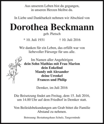 Traueranzeige von Dorothea Beckmann (geb. Pietsch)  von Magdeburger Volksstimme