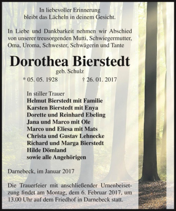 Traueranzeige von Dorothea Bierstedt (geb. Schulz)  von Magdeburger Volksstimme