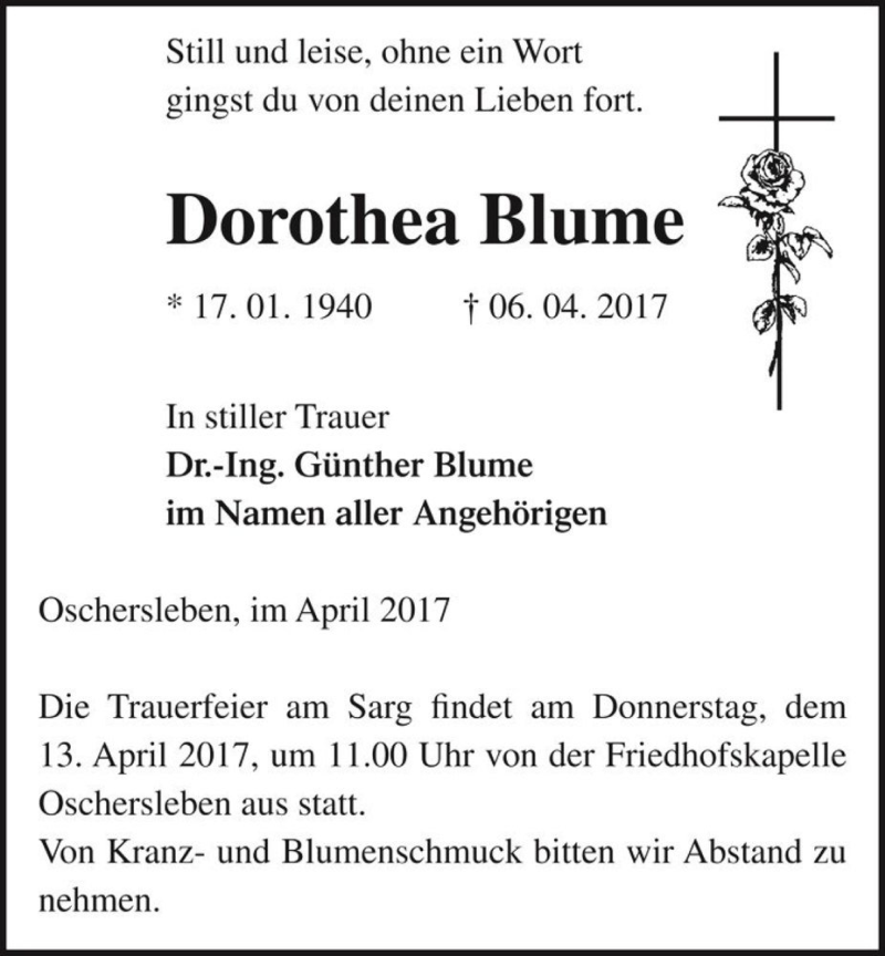  Traueranzeige für Dorothea Blume  vom 11.04.2017 aus Magdeburger Volksstimme