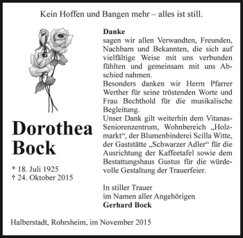 Traueranzeige von Dorothea Bock  von Magdeburger Volksstimme
