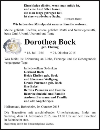 Traueranzeige von Dorothea Bock (geb. Ebeling)  von Magdeburger Volksstimme