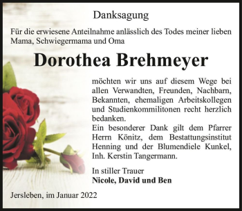 Traueranzeige von Dorothea Brehmeyer  von Magdeburger Volksstimme