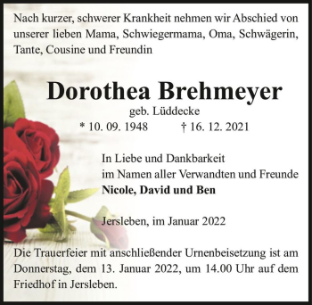 Traueranzeige von Dorothea Brehmeyer (geb. Lüddecke)  von Magdeburger Volksstimme