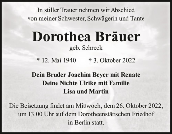 Traueranzeige von Dorothea Bräuer (geb. Schreck)  von Magdeburger Volksstimme