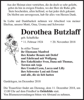 Traueranzeige von Dorothea Butzlaff (geb. Schaffelke)  von Magdeburger Volksstimme