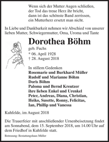 Traueranzeige von Dorothea Böhm (geb. Fuchs)  von Magdeburger Volksstimme