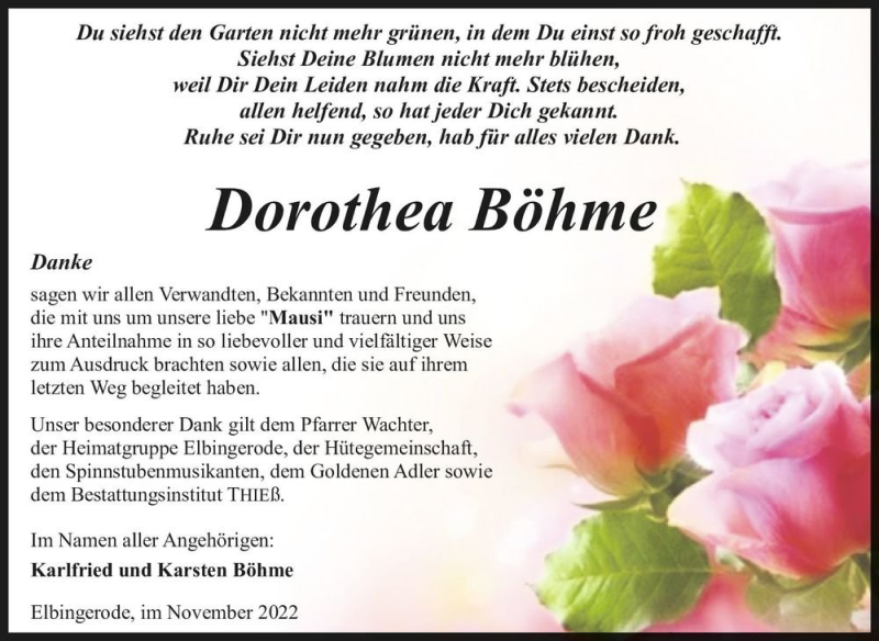  Traueranzeige für Dorothea Böhme  vom 05.11.2022 aus Magdeburger Volksstimme