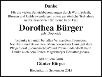 Traueranzeige von Dorothea Bürger (geb. Dopheide)  von Magdeburger Volksstimme