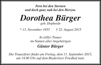 Traueranzeige von Dorothea Bürger (geb. Dopheide)  von Magdeburger Volksstimme