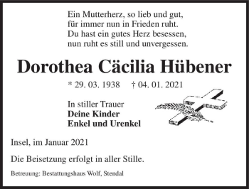 Traueranzeige von Dorothea Cäcilia Hübener  von Magdeburger Volksstimme