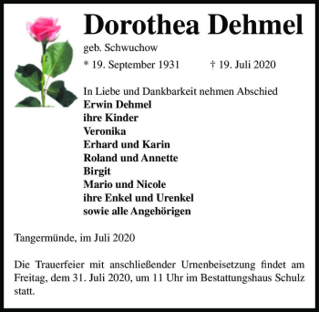 Traueranzeige von Dorothea Dehmel (geb. Schwuchow)  von Magdeburger Volksstimme