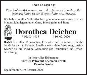 Traueranzeige von Dorothea Deichen  von Magdeburger Volksstimme