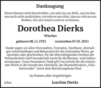 Traueranzeige von Dorothea Dierks (geb. Wischer)  von Magdeburger Volksstimme