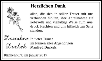 Traueranzeige von Dorothea Duckek  von Magdeburger Volksstimme