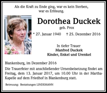 Traueranzeige von Dorothea Duckek (geb. Prox)  von Magdeburger Volksstimme