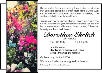 Traueranzeige von Dorothea Ehrlich (geb. Petzoldt)  von Magdeburger Volksstimme