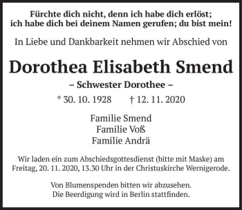 Traueranzeige von Dorothea Elisabeth Smend 