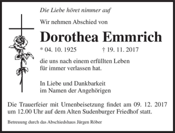 Traueranzeige von Dorothea Emmrich  von Magdeburger Volksstimme
