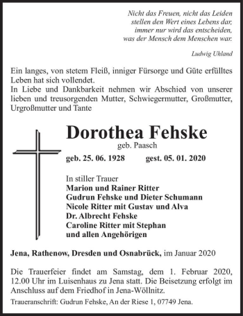 Traueranzeige von Dorothea Fehske (geb. Paasch)  von Magdeburger Volksstimme