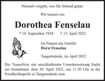 Traueranzeige von Dorothea Fenselau  von Magdeburger Volksstimme