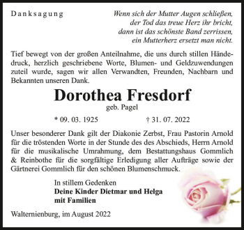 Traueranzeige von Dorothea Fresdorf (geb. Pagel)  von Magdeburger Volksstimme